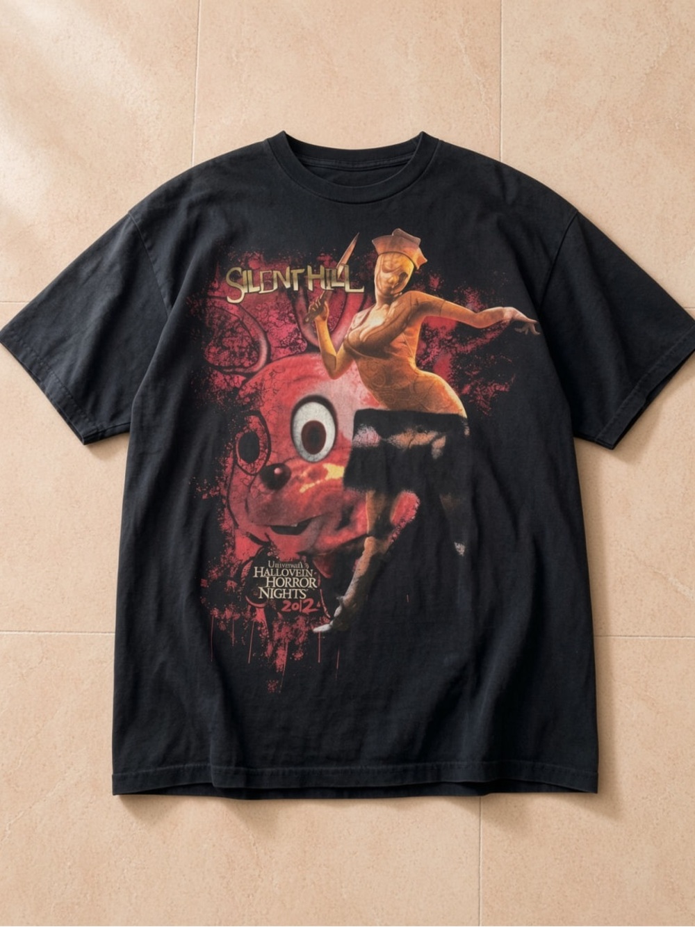 Gildan Black Silent Hill Nurse Graphic Tee with Red and Yellow Print